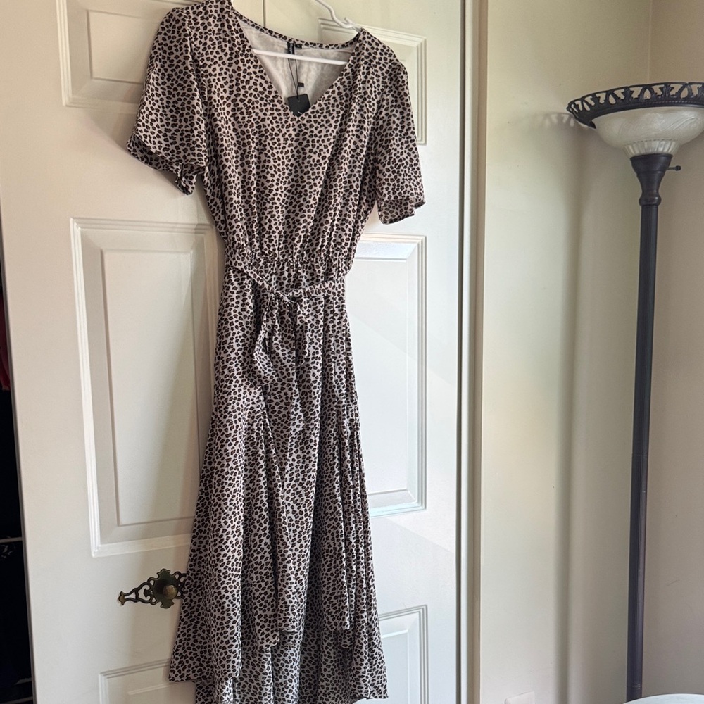 Beige and Black Leopard Print Tie Dress
